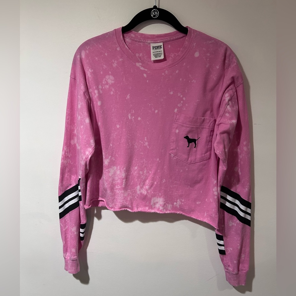 PINK Victoria's Secret Pink Bleach-Effect Long Sleeve Pocket Tee with Stripes